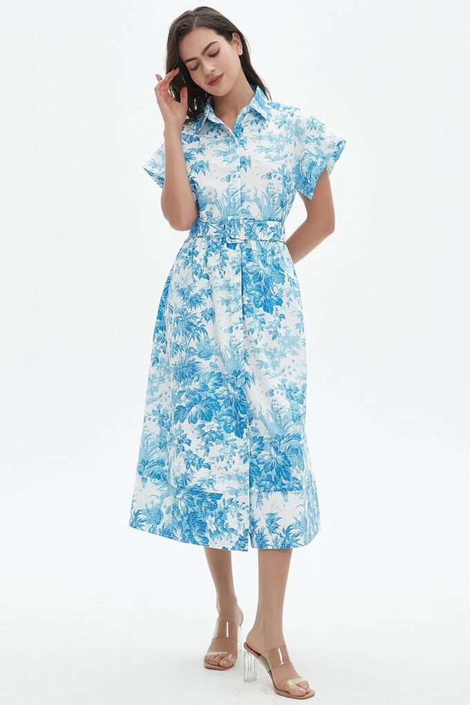 D-Sun Women Button Down Shirt Dress V-Neck Floral Printed Short Sleeves Mid Shirt Dress Belt A-Line Party with Pockets – Bild 3