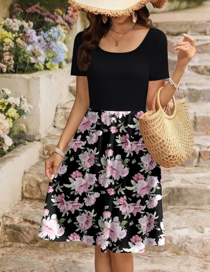 Zeagoo Womens Casual Dress Floral Patchwork Summer Dress Square Neck Short Sleeve A Line Flowy Swing Mini Dress with Pockets – Bild 3