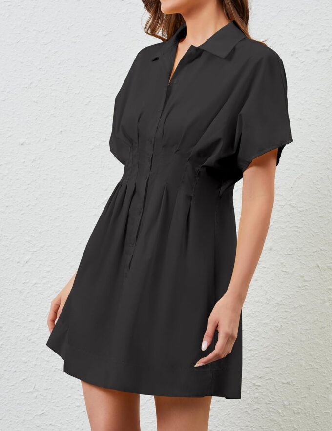 Summer Button Down Shirt Dress for Women Short Sleeve Pleated Mini Dresses Casual A Line Flowy Corset Short Dress – Bild 5