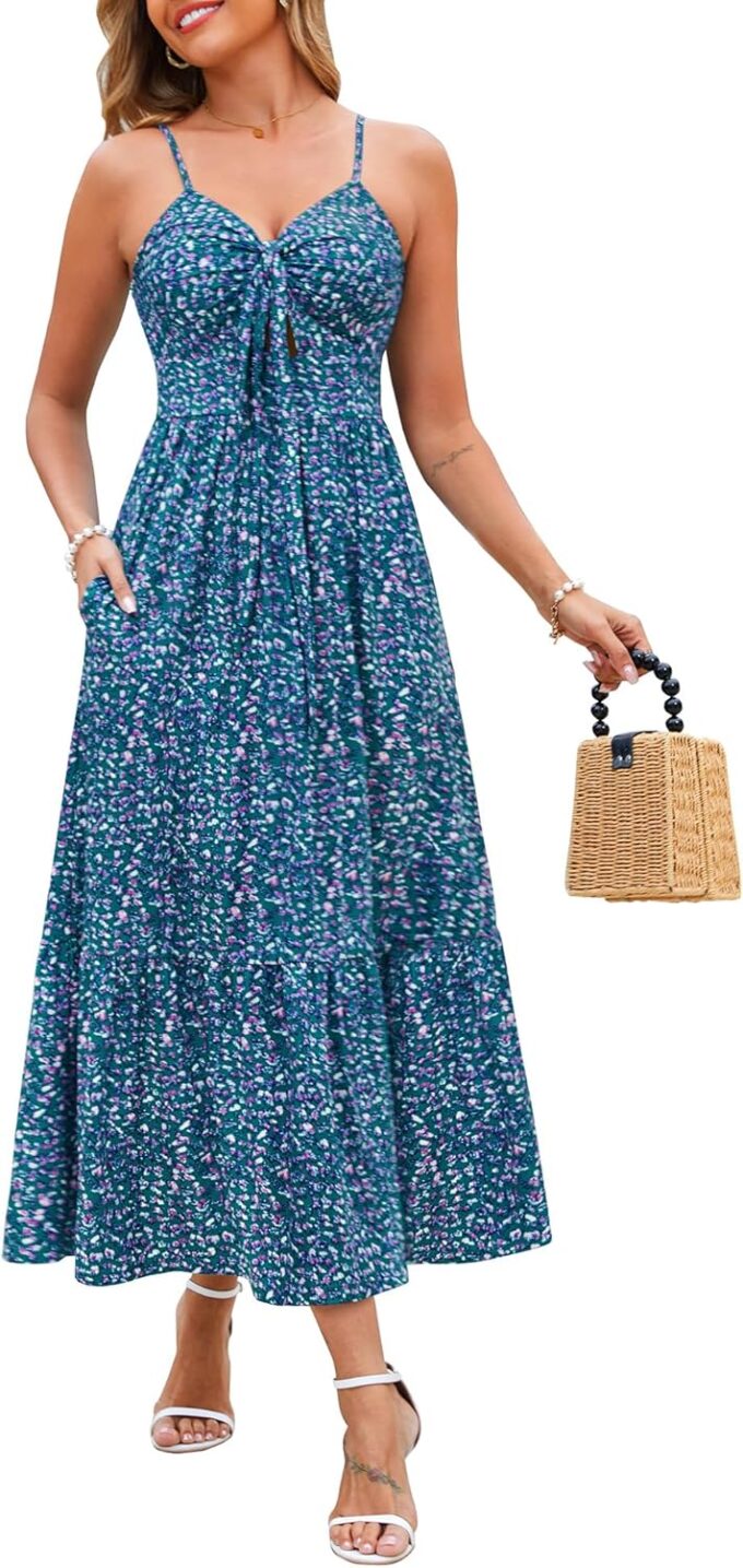 Kranda Women 2025 Summer Sundress High Waist Tie Front Spaghetti Strap Ruffle Long Beach Floral Maxi Dress with Pockets