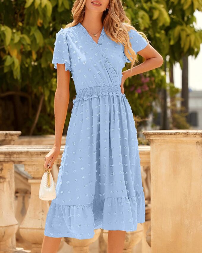 BTFBM Women Short Sleeve V Neck Swiss Dot Midi Summer Dresses 2024 Boho Ruffle Long Dresses Ruffle Wedding Guest Dress – Bild 3