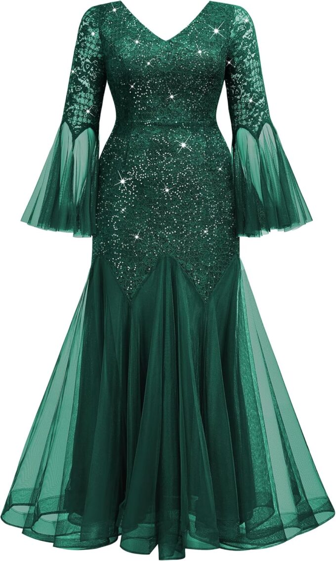 MISSMAY Women's Plus Size Sequins Lace V Neck Sheer Long Sleeves Tulle Mermaid Hem Formal Evening Party Dresses – Bild 5
