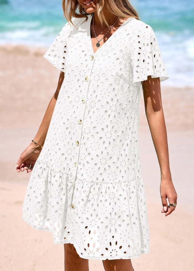 KIRUNDO Summer Dresses for Women 2025 Eyelet Button Down V Neck Short Sleeve Hollow Out A Line Loose Mini Babydoll Dress – Bild 7