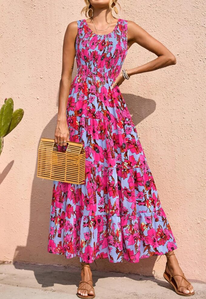 PRETTYGARDEN Smocked Tank Floral Maxi Dresses for Women 2025 Wedding Guest Dress Sleeveless Flowy Long Sundress with Pockets – Bild 2