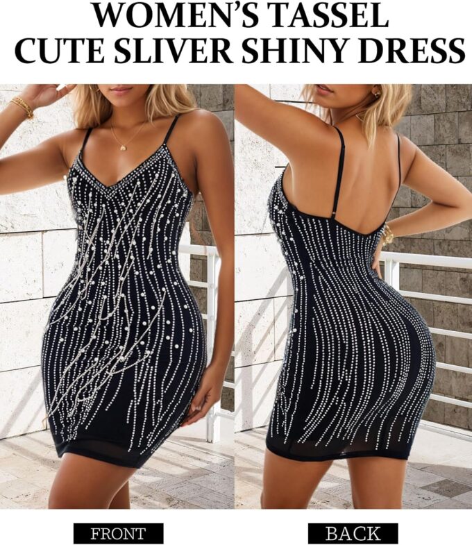 Sparkly Sequin Black Tassel Dress for Teens V Neck Short Prom Dress Glitter Bodycon Mini Dress Night Club Party Dress – Bild 2