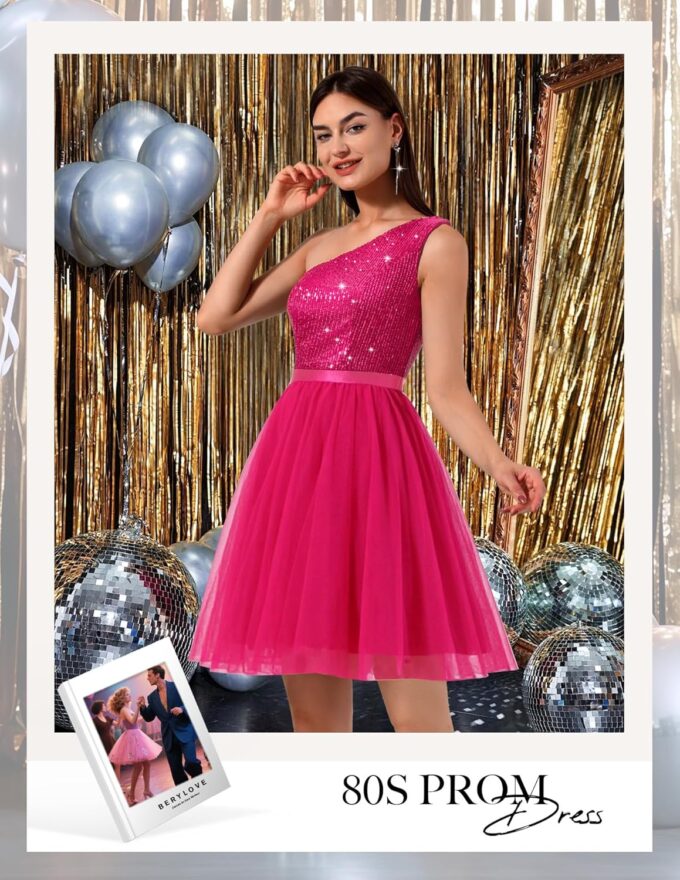BeryLove Womens Sequin Short Homecoming Dress Formal One-Shoulder Cocktail Dress – Bild 4