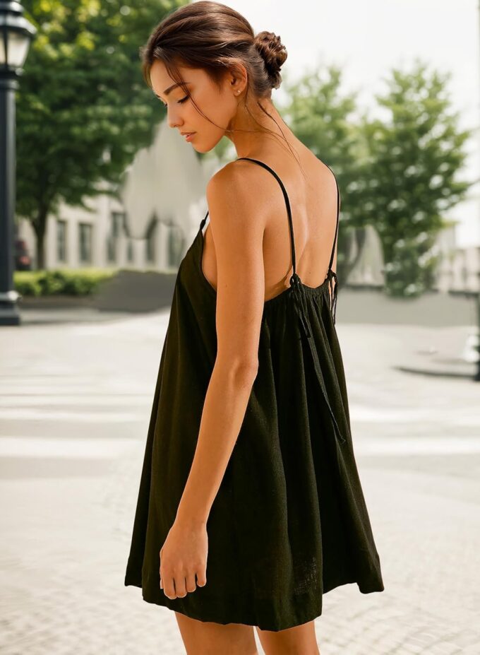 Womens Sundresses Mini Linen Beach Cover Up Tank Summer Casual Spaghetti Strap Sleeveless Dress with Pockets – Bild 5