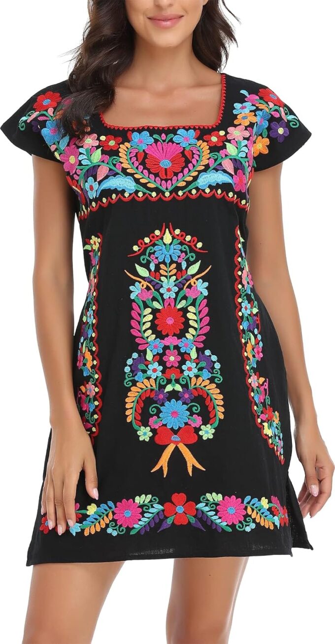 YZXDORWJ Women Mexican Embroidered Dress Ruffle Collar Sleeveless – Bild 5