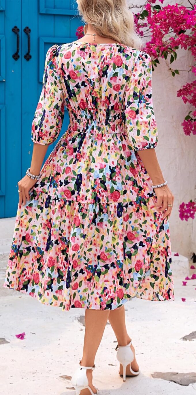 Kormei Women Casual Boho Floral Round Neck 3/4 Sleeve Smocked Waist Tiered A Line Flowy Swing Midi Dress Long Dresses – Bild 5