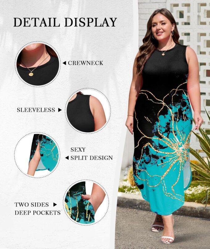 Wolddress Womens 2025 Plus Size Sleeveless Tank Dress Casual Loose Sundress Split Summer Beach Long Maxi Dresses with Pockets – Bild 4