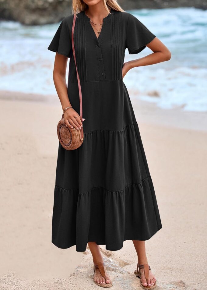 KIRUNDO Summer Maxi Dresses for Women 2025 Spring Fashion Short Sleeve Button V Neck Pleated Loose Tiered Swing Flowy Dress – Bild 7