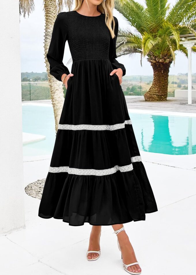 KIRUNDO Womens Smocked Long Sleeve Maxi Dress Wedding Guest Spring Fall Boho Tiered Lace Trim Flowy Long Dresses Pockets – Bild 4