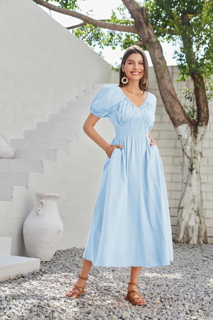 GRACE KARIN 2024 Women's Summer V Neck Smocked Cotton Dresses Short Puff Sleeve Flowy A Line Maxi Dress with Pockets – Bild 4