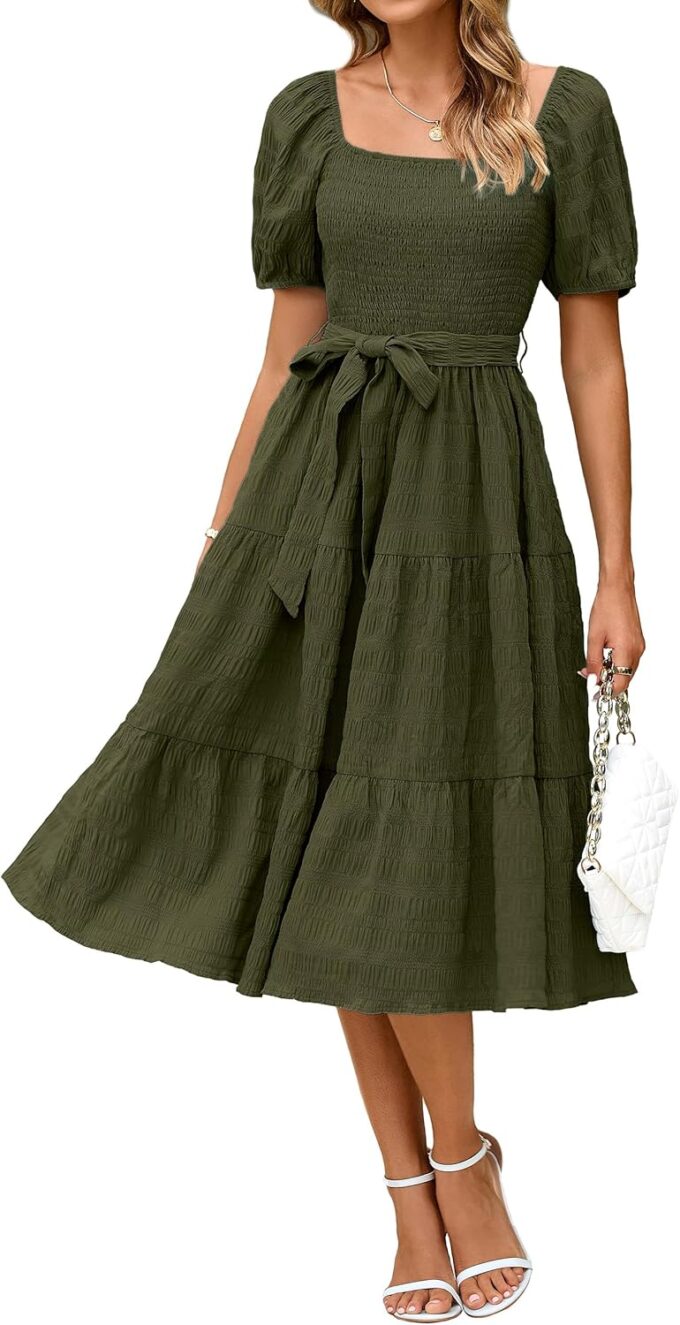 BerryGo Women's Summer 2025 Casual Smocked Midi Dress Square Neck Modest Puff Sleeve Flowy Beach Dress