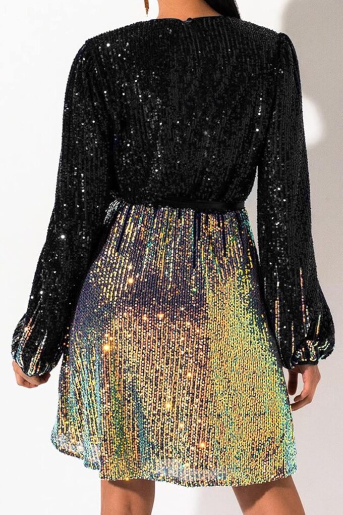828 - Plus Size Long Sleeves Wrapped V Neck Sequins Skater Style Cocktail Evening Club Dress – Bild 3