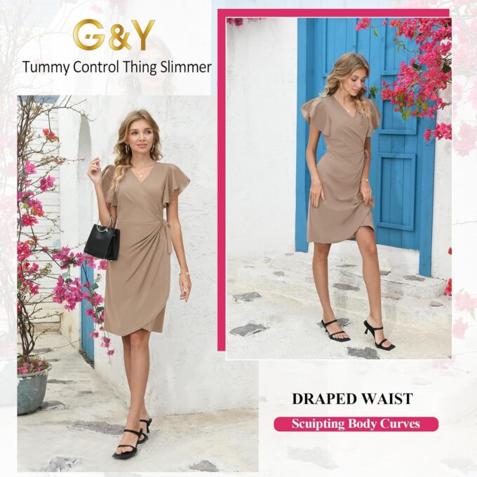 G&Y Damen-Midikleid mit tiefem V-Ausschnitt, Rüschenärmeln – klassische Cocktail-Party, Arbeit, Wickeloptik – Bild 2