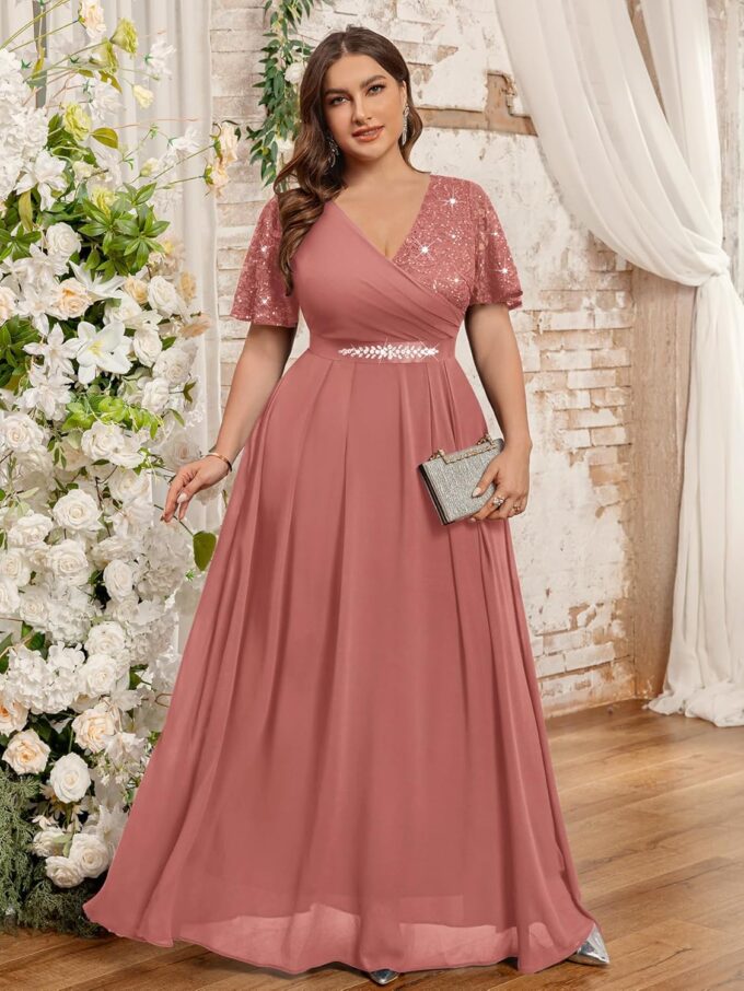 MISSMAY Women's Plus Size Wrap V Neck Sequins Lace Contrast Chiffon Formal Maxi Dress with Rhinestone Ribbon Waist – Bild 4