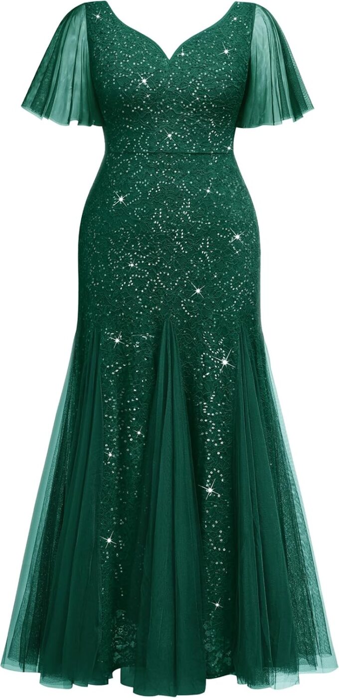 Miusol Women's Plus Size Sequins Lace Tulle Mermaid Hemline Sweetheart V Neck Formal Evening Party Maxi Dress – Bild 5