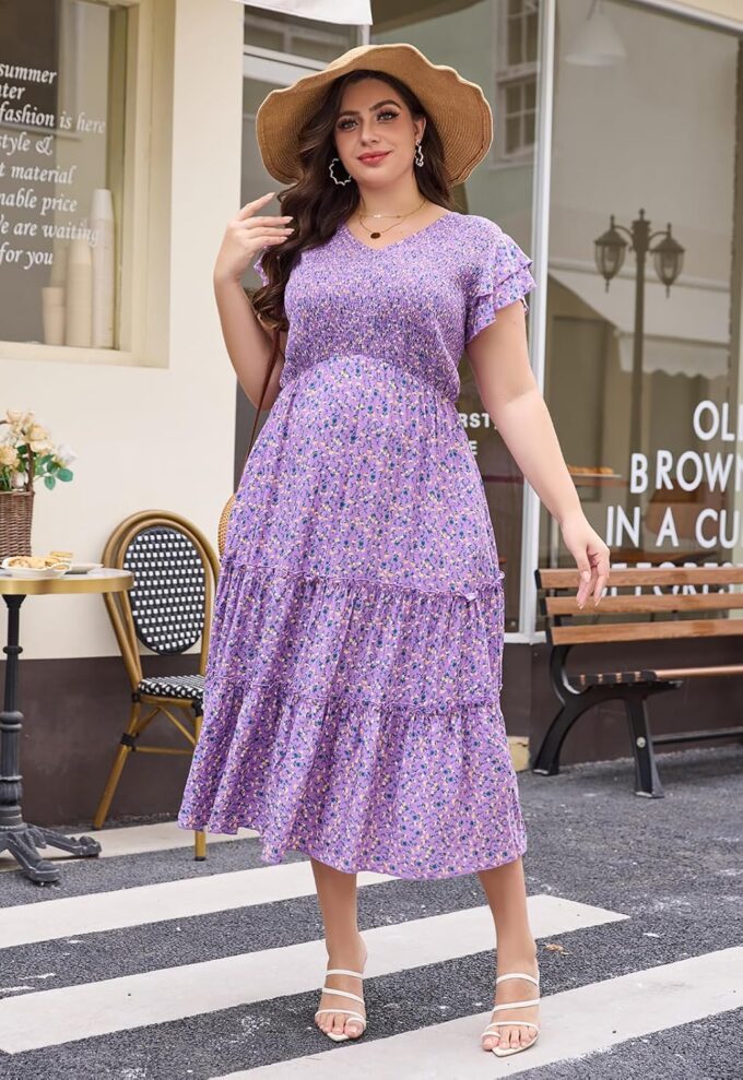 Keluummi Plus Size Summer Maxi Wedding Guest Dress for Curvy Women, Boho A Line Long Sundress, Flutter Sleeve, Pocket – Bild 7