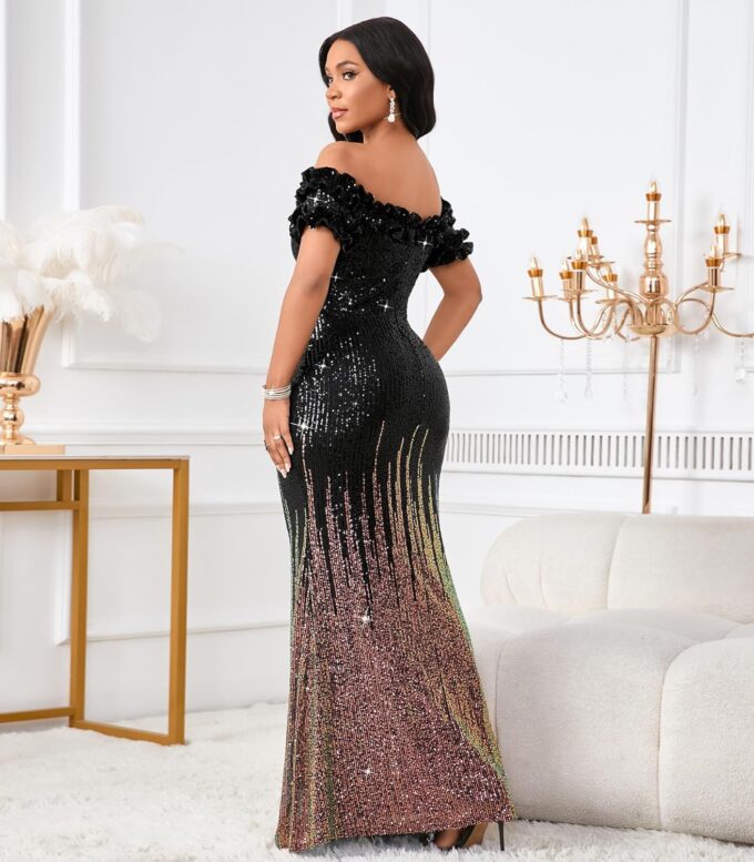 Women Sexy Sequin Off Shoulder Ruffle Short Sleeve Bodycon Mermaid Party Formal Evening Maxi Dress – Bild 2