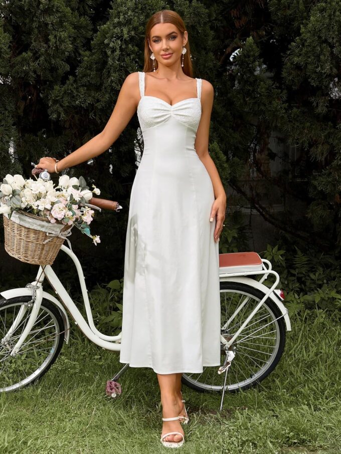 EYNMIN Lace Strap Midi Dress Sweetheart Neckline Bow Tie Backless A Line Wedding Guest Dresses for Women Casual Sundress – Bild 4