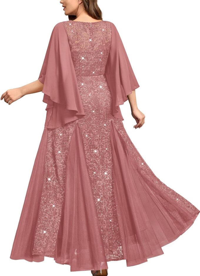 MISSMAY Women's Plus Size Sequins Lace with Ruffle Cape Cloak Sleeves Tulle Mermaid Hemline Evening Prom Long Dress – Bild 2