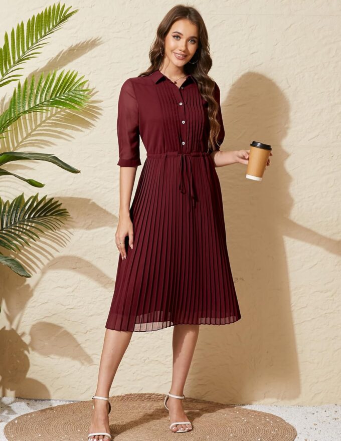 Women V Neck 3/4 Sleeve Pleated A-Line Dress with Belt Swing Midi Dresses for Spring Summer Autumn – Bild 4