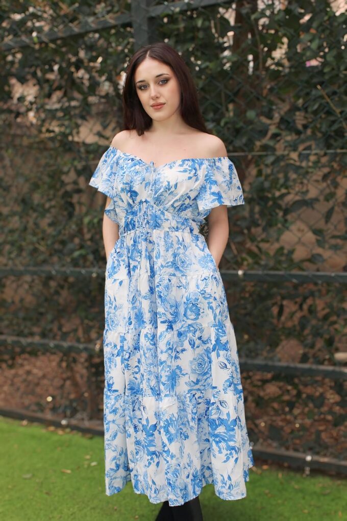 GRACE KARIN Womens 2025 Floral Summer V-Neck Ruffle Sleeve Empire Waist A-Line Casual Maxi Tiered Dress with Pockets – Bild 8