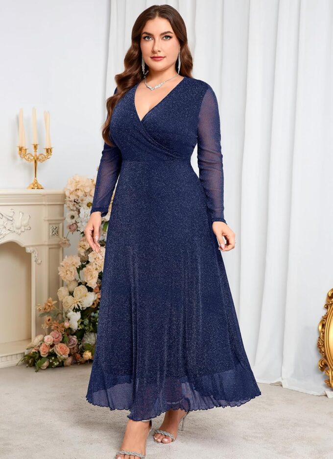 ZOMVA Plus Size Sparkly Maxi Dress V-Neck Wrap Long Sleeve A-Line Glitter Mesh Gown Wedding Guest Cocktail Evening Party – Bild 5