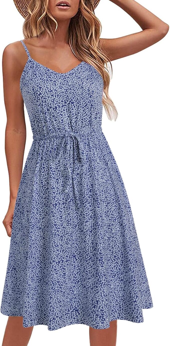 Women's Casual Summer Dress Beach Sleeveless Spaghetti Strap Adjustable Waist A Line Sun Dresses with Pockets 826