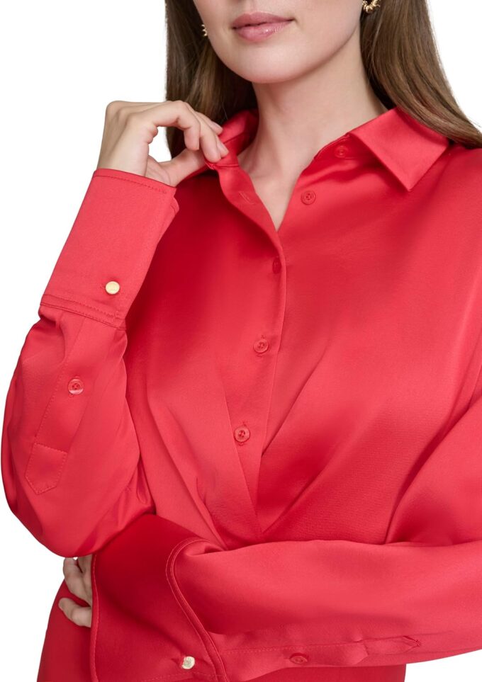 H HALSTON Damen Long Sleeve Collared V-Neck Shirt Dress Kleid – Bild 5