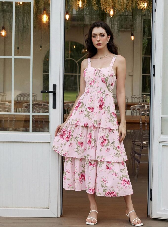 Scarlet Darkness Women's Floral Maxi Dress Summer Wedding Guest Dress Tiered Sleeveless Lace Up Corset Sundress – Bild 3