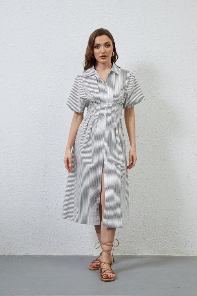 MISSACTIVER Button Front Pleated Shirt Dress for Women Summer Striped Short Sleeve Lapel V Neck Corset Maxi Dress – Bild 5