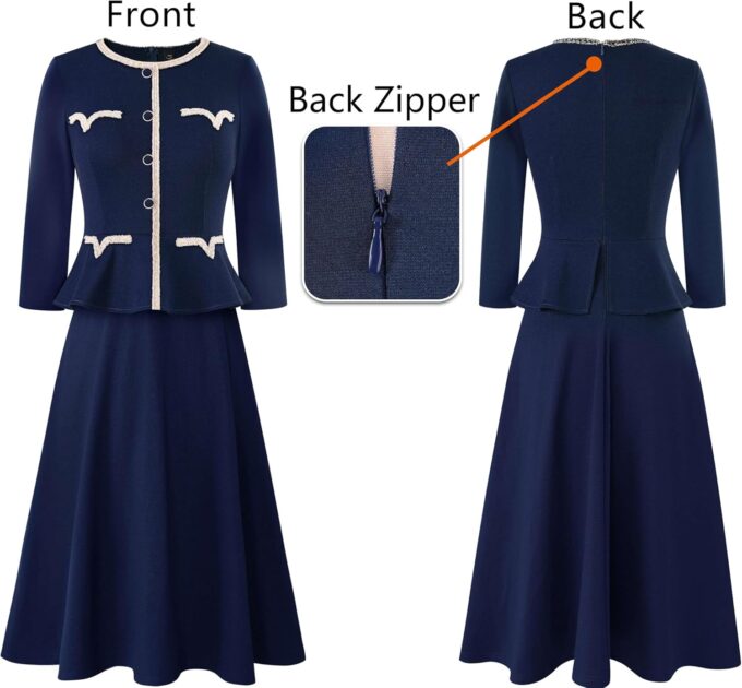 VFSHOW Damenkleid, 2024, für Herbst und Arbeit, Business, Knöpfe, Schößchen, Büro, schlankmachend, Rundhalsausschnitt, Patchwork, A-Linie, ausgestelltes Kleid – Bild 5