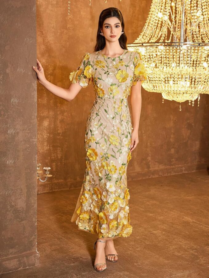Women's 3D Floral Embroidery Dress Ruffle Sleeve Fishtail Lace Bodycon Party Cocktail Mini Dress – Bild 2