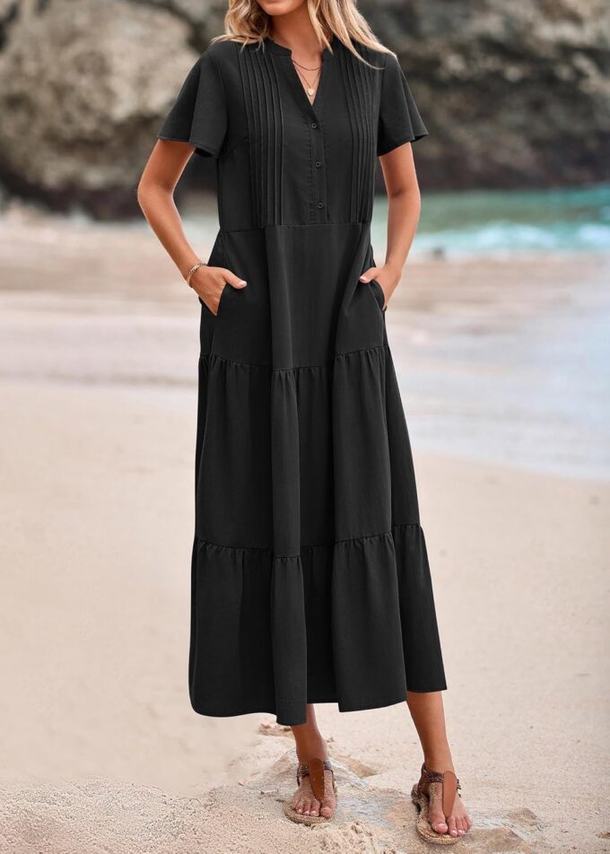 KIRUNDO Summer Maxi Dresses for Women 2025 Spring Fashion Short Sleeve Button V Neck Pleated Loose Tiered Swing Flowy Dress – Bild 5