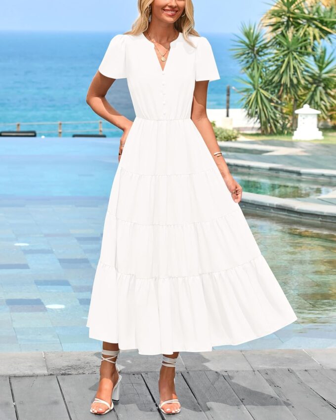 PRETTYGARDEN Women Summer Midi Dresses 2025 Casual Short Sleeve V Neck Belted Tiered Ruffle Vacation Dress with Pockets – Bild 2