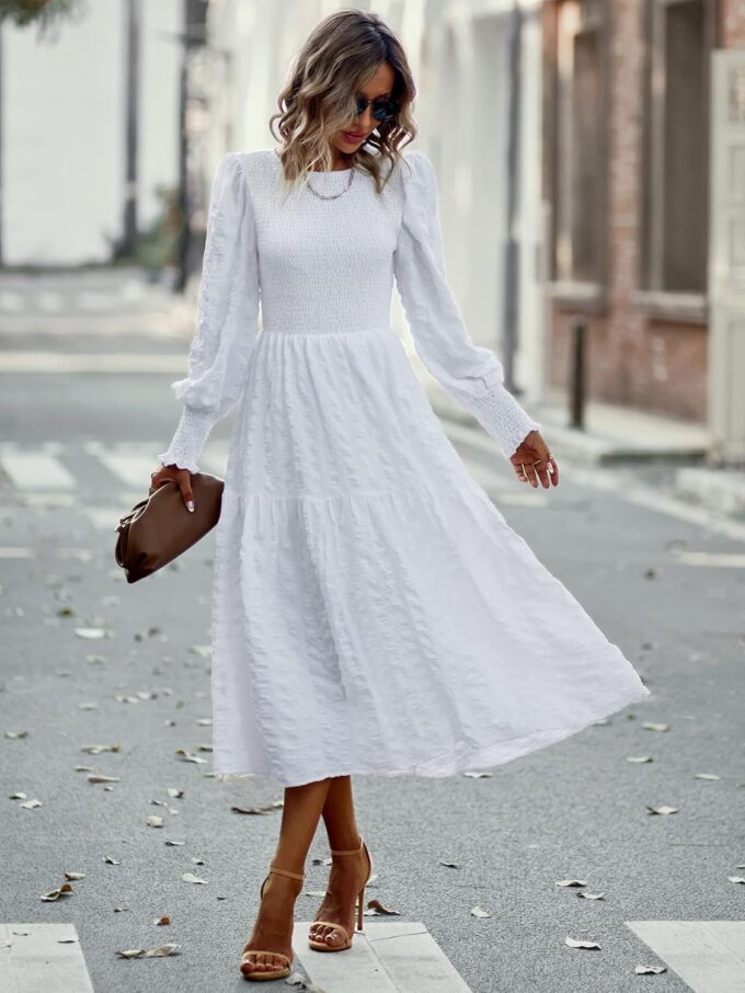 PRETTYGARDEN Women 2025 Spring Puff Long Sleeve Crewneck Smocked Maxi Dress Empire Waist Tiered A-line Swing Flowy Long Dress – Bild 2