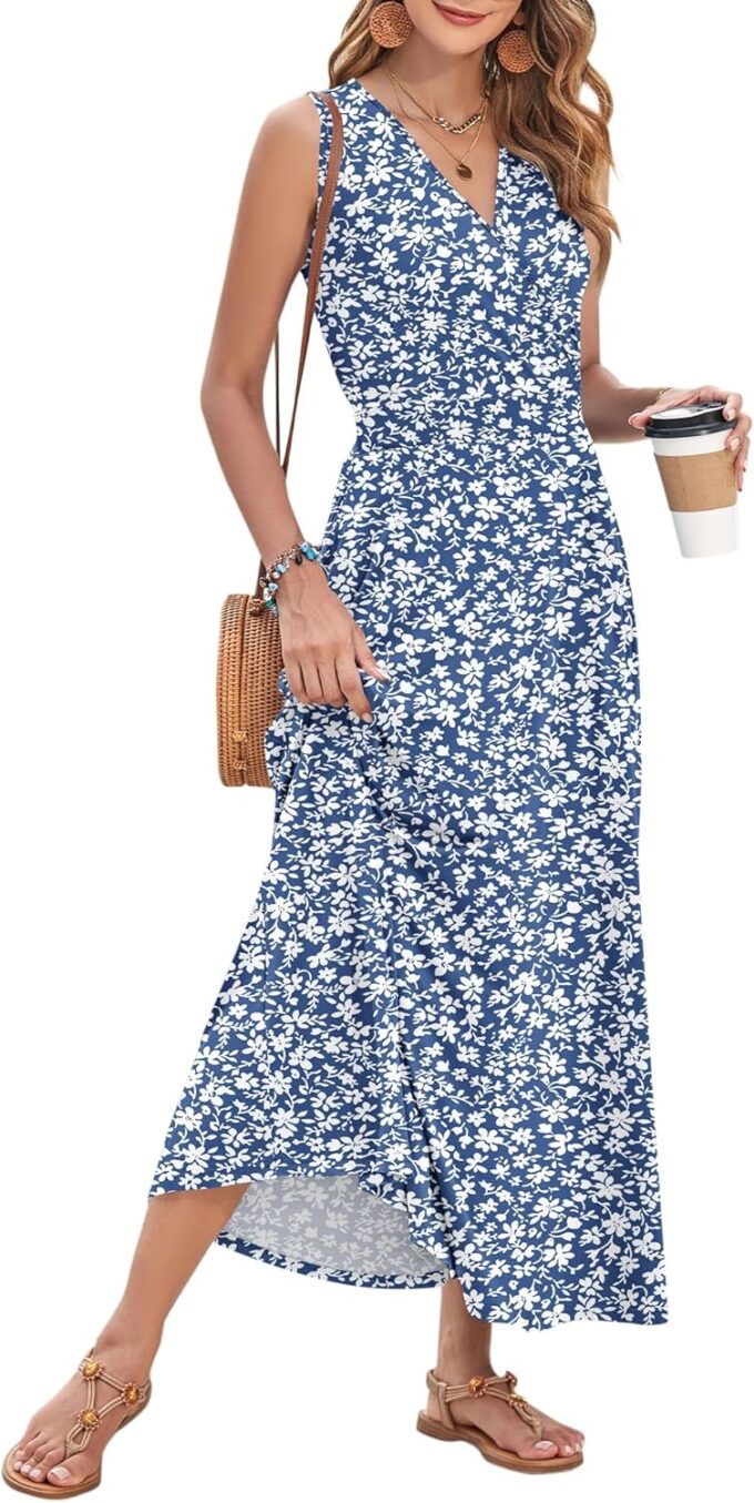 AUSELILY Women's Maxi Dress 2025 Summer Casual Sleeveless Sundress V Neck Wrap Vacation Cocktail Long Dresses with Pockets – Bild 2