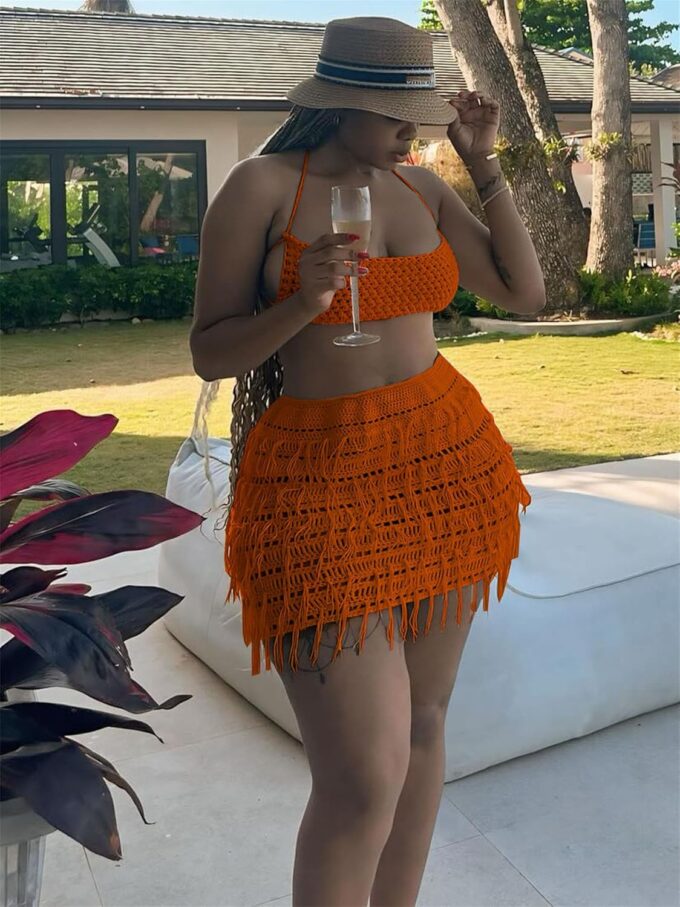 Women 2 Piece Outfits Sexy Crochet Mini Dress Hollow Tassel Skirts Sets Summer Bandage Tube Tops – Bild 4