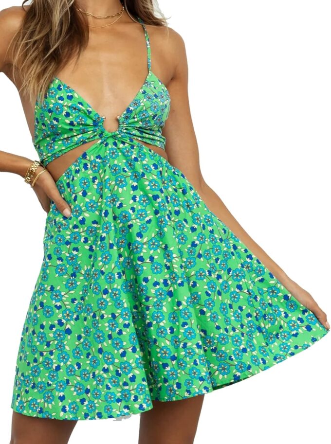 Womens Summer Floral V Neck Adjustable Spaghetti Casual Short Dress with Ring