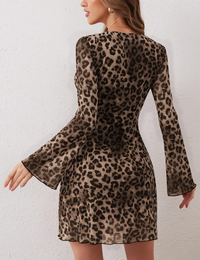Women's Leopard Print Floral Mesh Dress Bell Long Sleeve Fall Party Sexy Cheetah Y2K Mini Dresses 2025 Spring Summer – Bild 2