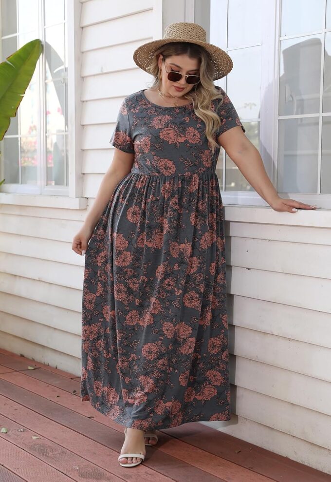 Nemidor Plus Size Maxi Dresses for Curvy Women Summer Casual Loose Short Sleeve Long Beach Dress with Pocket – Bild 6