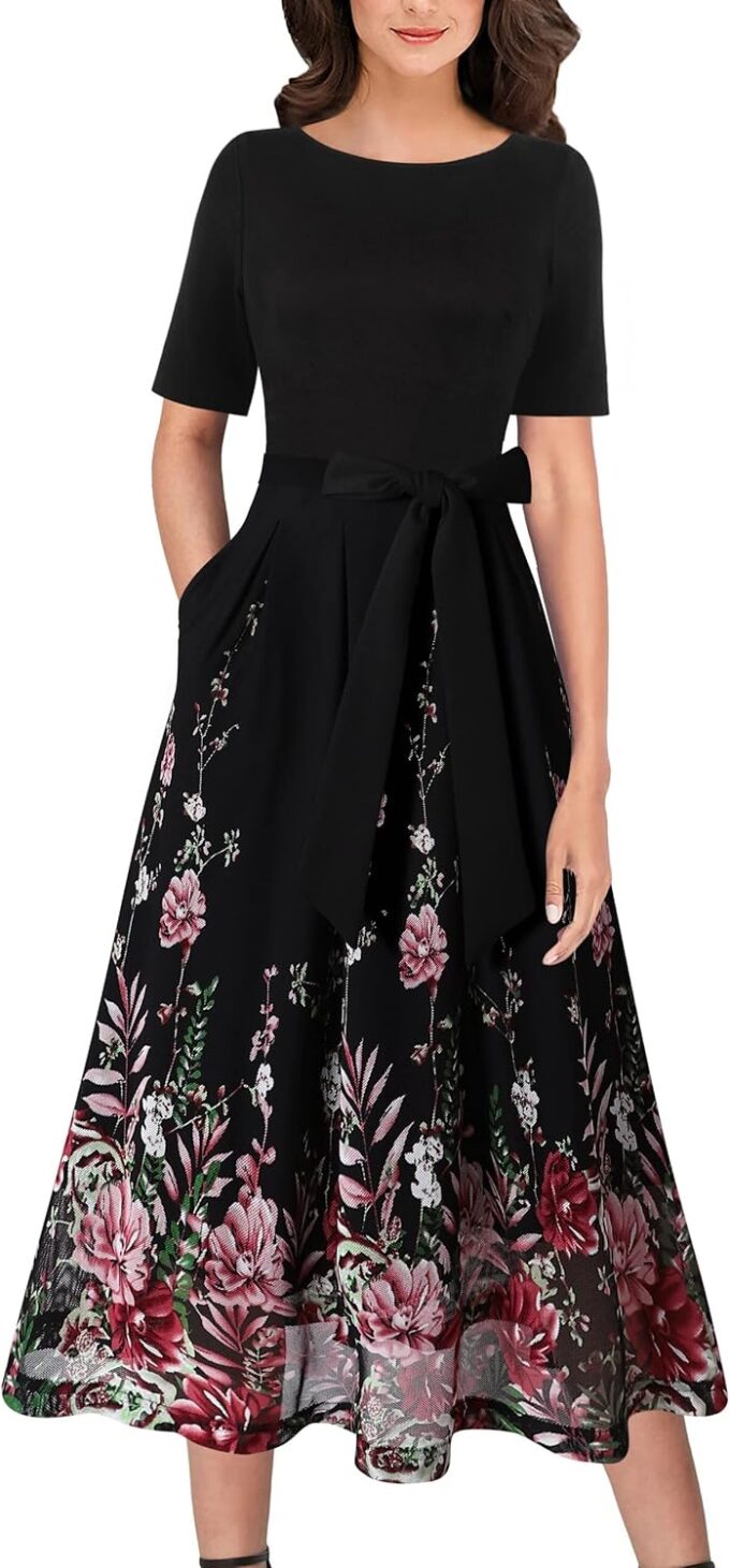 VFSHOW Womens Elegant Patchwork Pockets Pleated Work Office Business Casual Party Belted A-Line Midi Dress