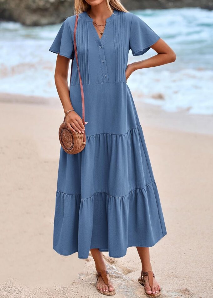 KIRUNDO Summer Maxi Dresses for Women 2025 Spring Fashion Short Sleeve Button V Neck Pleated Loose Tiered Swing Flowy Dress – Bild 7