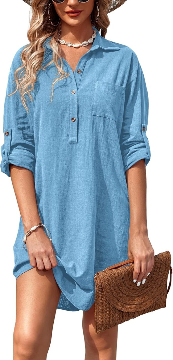 Zeagoo Women Summer Dress Cotton Linen Shirt Dress Button Down Tunic Dress Beach Cover Up Dress – Bild 2