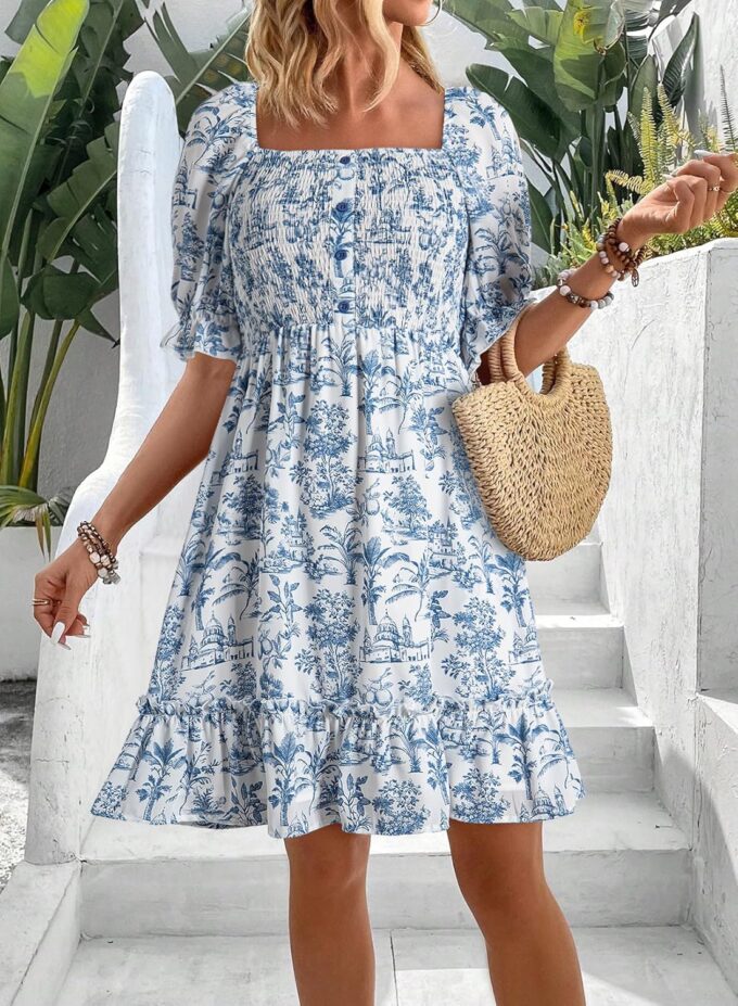 Dokotoo Womens Casual Summer Dresses Short Sleeve Square Neck Smocked Boho Floral Sundress Flowy A-Line Mini Dress – Bild 2
