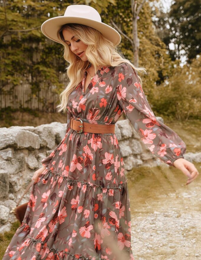 GRACE KARIN Women's Floral Maxi Dress Long Sleeve V Neck Casual A Line Spring Fall Winter Flowy Tiered Dresses with Pockets – Bild 4