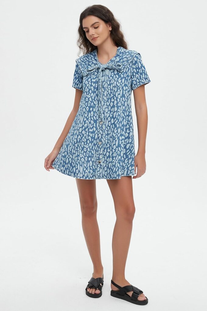 D-Sun Women's Denim Mini Dress Summer Short Sleeves Leopard Print Denim Babydoll Dress Navy Collar A-Line Jean Dresses – Bild 6