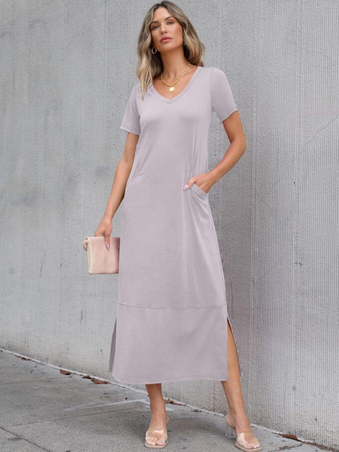 ANRABESS Women's Summer Casual Short Sleeve Long T Shirts Maxi Dresses V Neck Split 2025 Beach Vacation Dress with Pockets – Bild 6